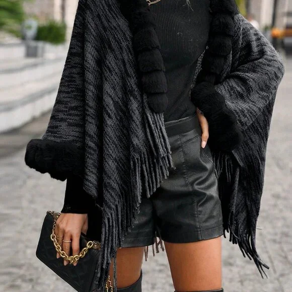 Black Elegant Women's Fuzzy Trim Fringe Hem Cardigan - Picture 3 of 4